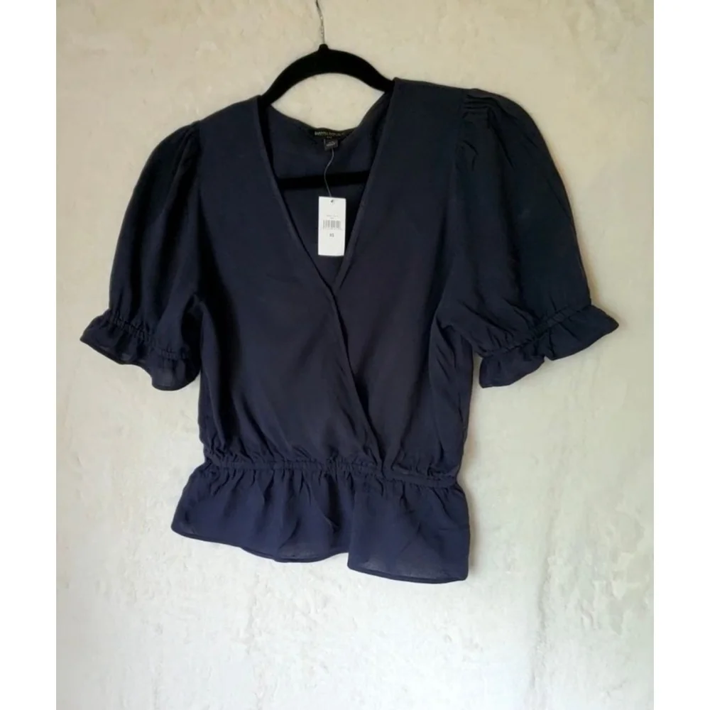 Women's Banana Republic Blouse Size XS Navy Blue Puff Sleeve Cinched Waist NEW